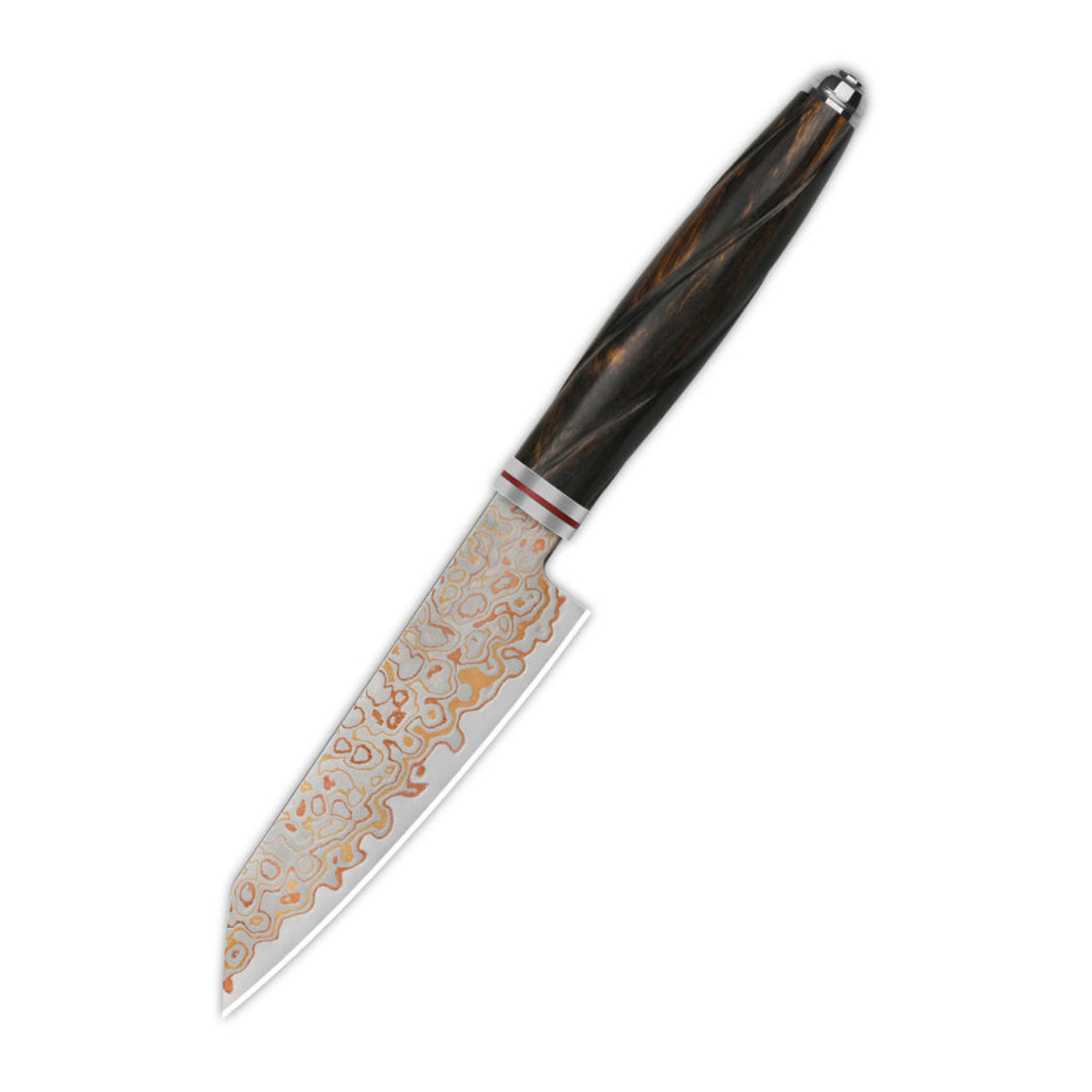 Cuchillo de cocina QSP QS-KK-005C Kiritsuke de 4'' Latón Cobre Hoja de Damasco Mango de Madera de Hierro del Desierto Serie Mulan