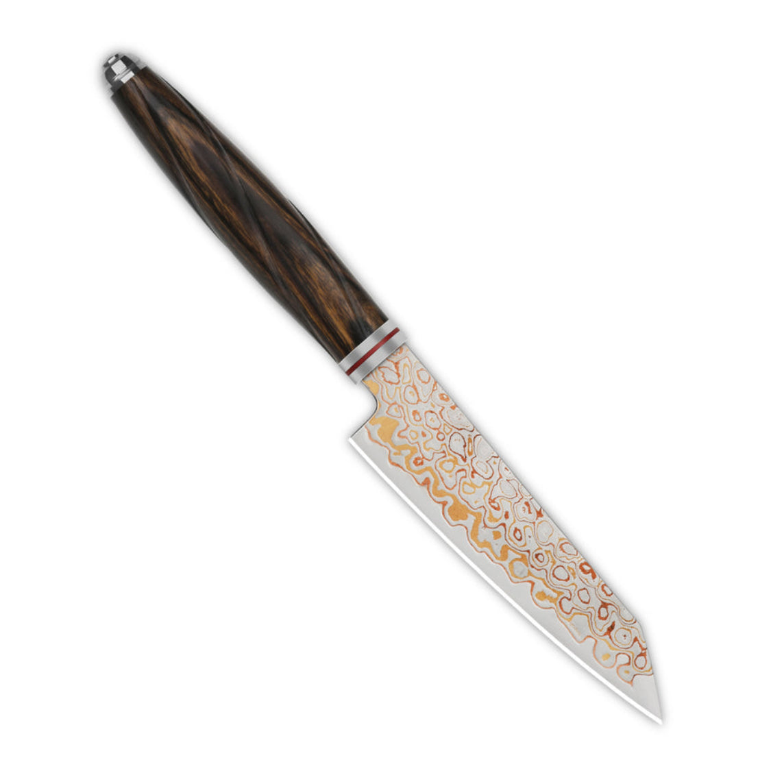 Cuchillo de cocina QSP QS-KK-005C Kiritsuke de 4'' Latón Cobre Hoja de Damasco Mango de Madera de Hierro del Desierto Serie Mulan