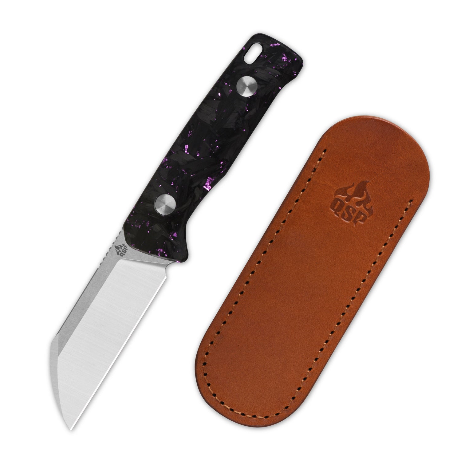 QSP Baby Penguin QS130BP-E1 14C28N Blade Purple Shredded CF Handle with Clip Slip sheath Fixed Blade Knife