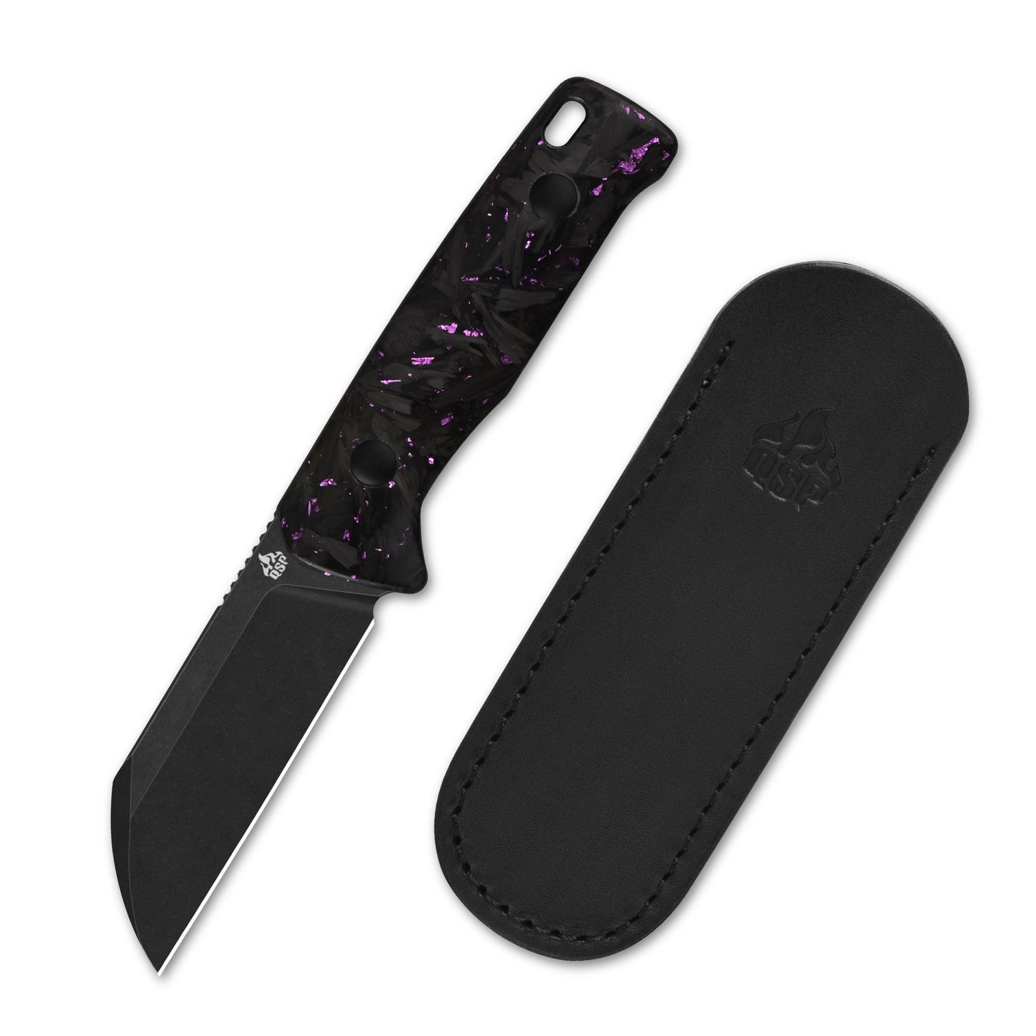 QSP Baby Penguin QS130BP-E2 14C28N Blade Purple Shredded CF Handle with Clip Slip sheath Fixed Blade Knife