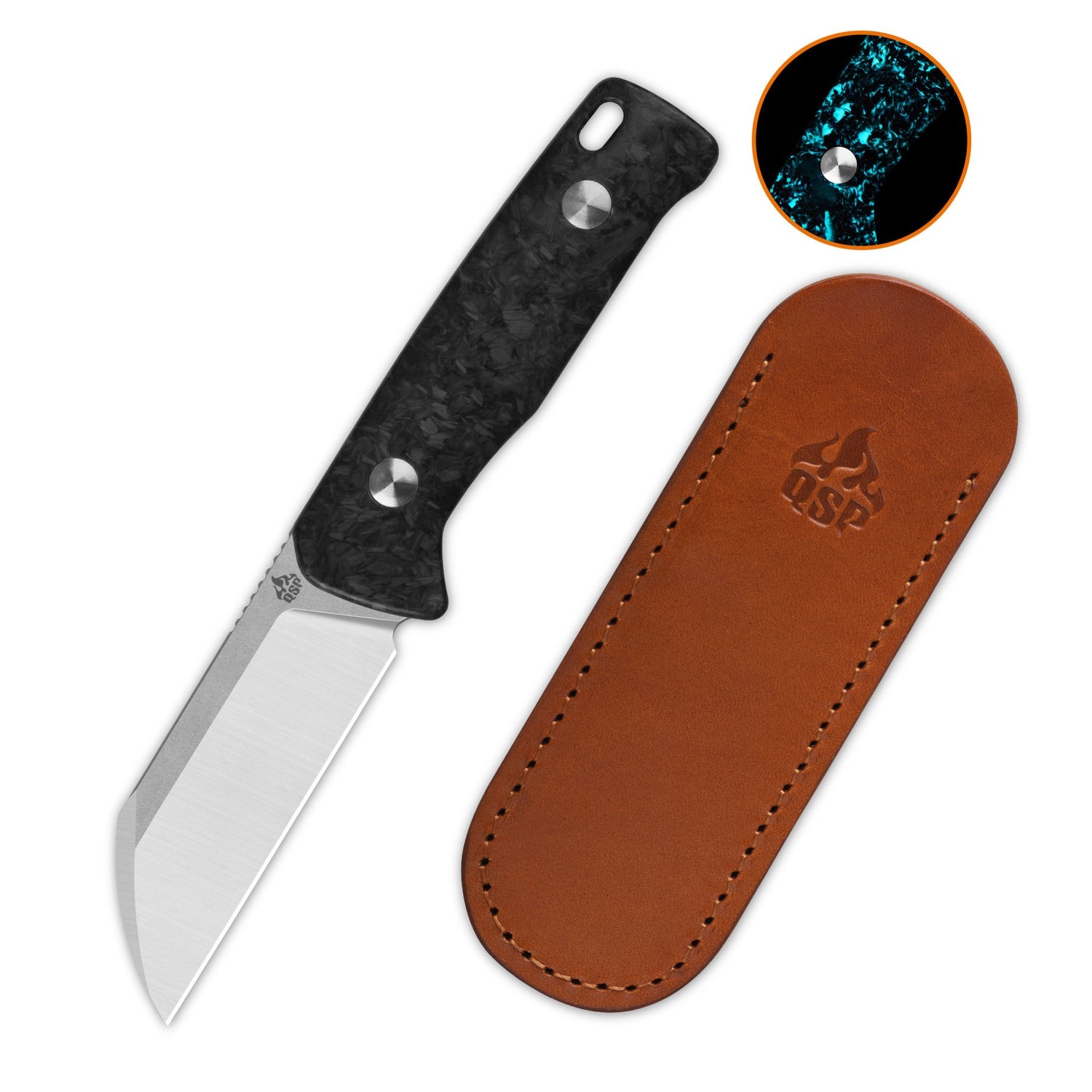 QSP Baby Penguin QS130BP-F1 14C28N Blade Blue Glow-in-the-dark shredded CF Handle with Clip Slip sheath Fixed Blade Knife