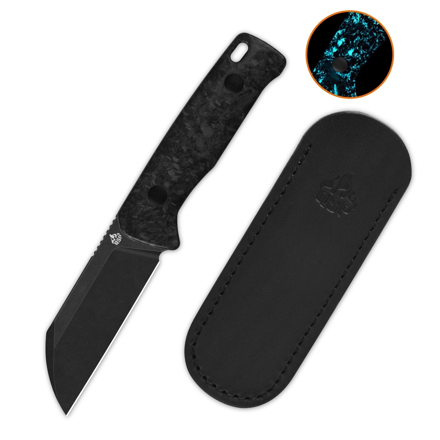 QSP Baby Penguin QS130BP-F2 14C28N Blade Blue Glow-in-the-dark shredded CF Handle with Clip Slip sheath Fixed Blade Knife