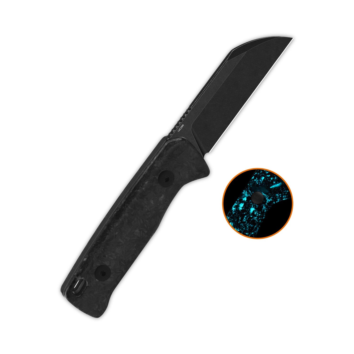 QSP Baby Penguin QS130BP-F2 14C28N Blade Blue Glow-in-the-dark shredded CF Handle with Clip Slip sheath Fixed Blade Knife