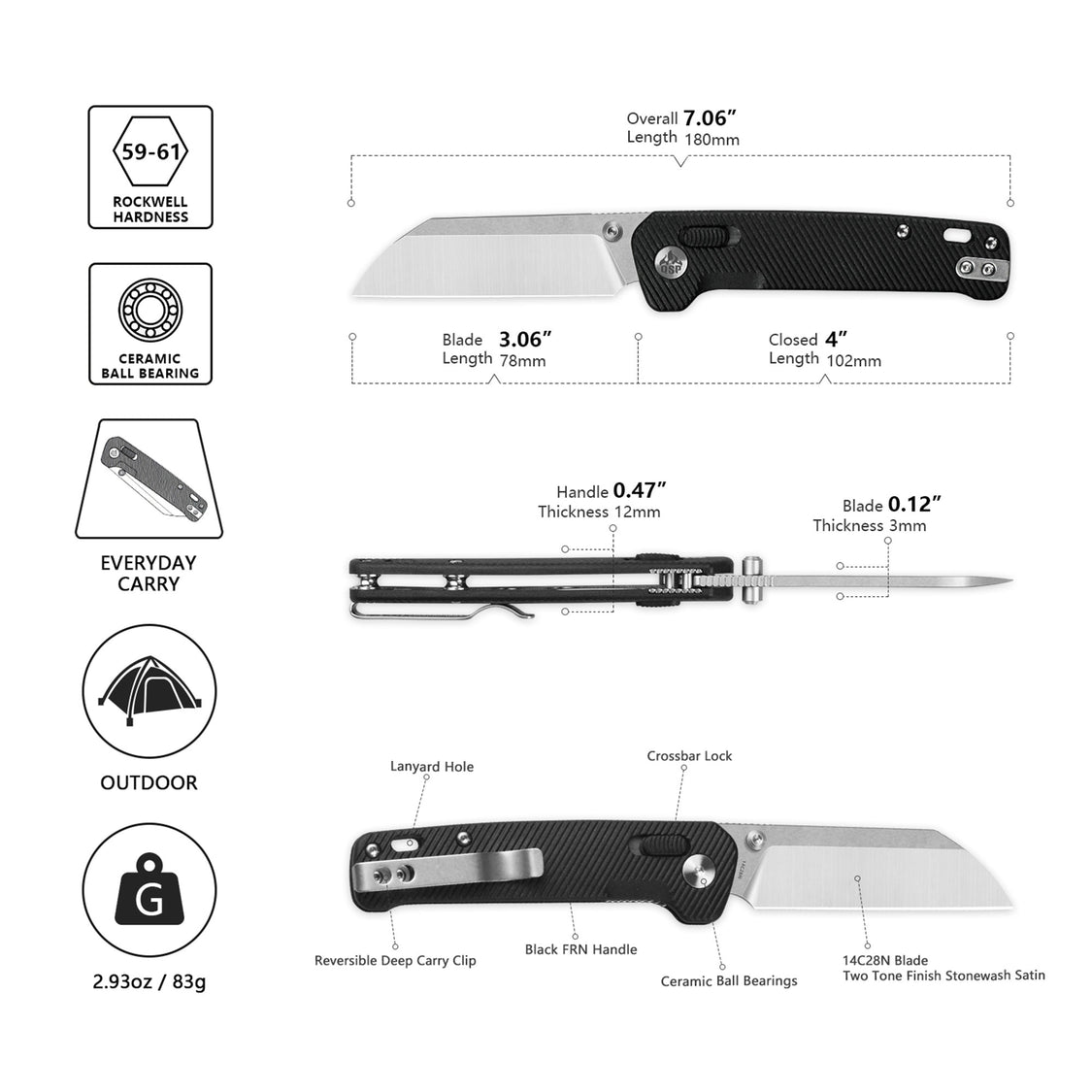QSP Penguin QS130GL-A1 Glyde Lock Pocket Knife 14C28N Blade Black FRN Handle