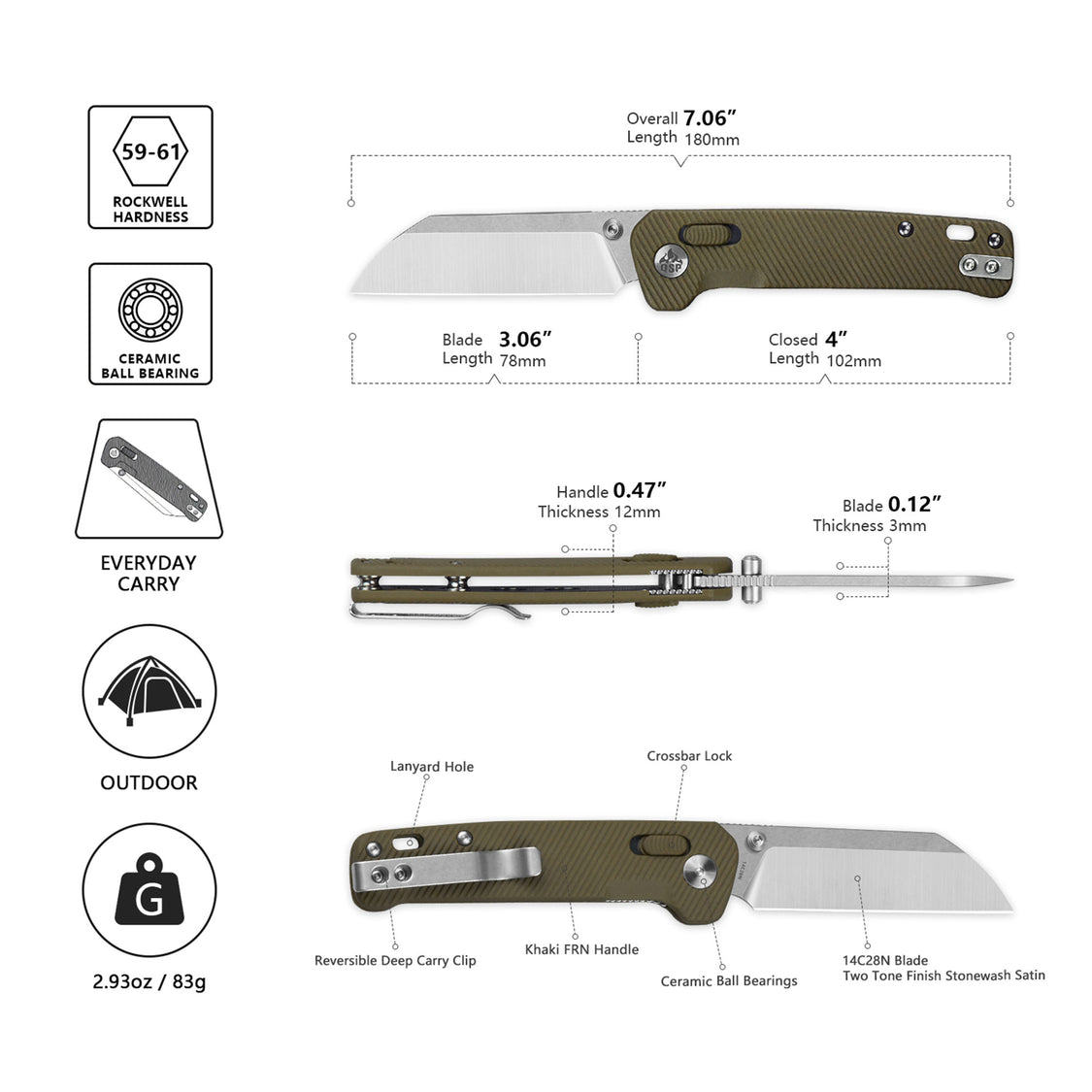 QSP Penguin QS130GL-C1 14C28N Blade Khaki FRN Handle Glyde Lock Pocket Knife