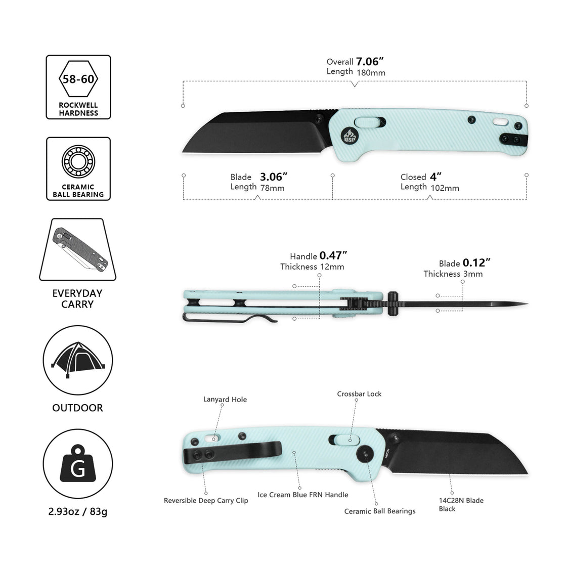 QSP Penguin QS130GL-D2 Black 14C28N Blade Blue FRN Handle Glyde Lock Pocket Knife