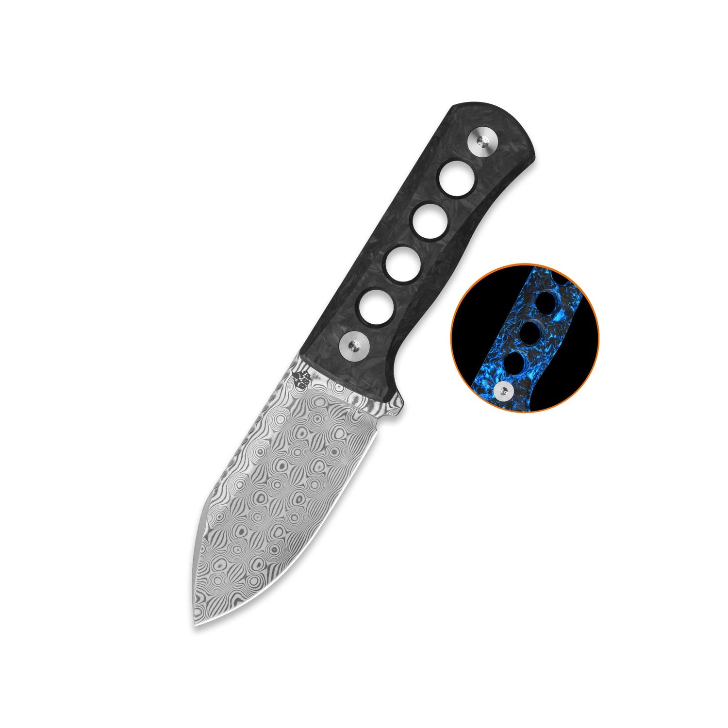 QSP Canary QS141-L Laminated Damascus Blade Glow-in-the-Dark Shredded CF Handle Neck Knife
