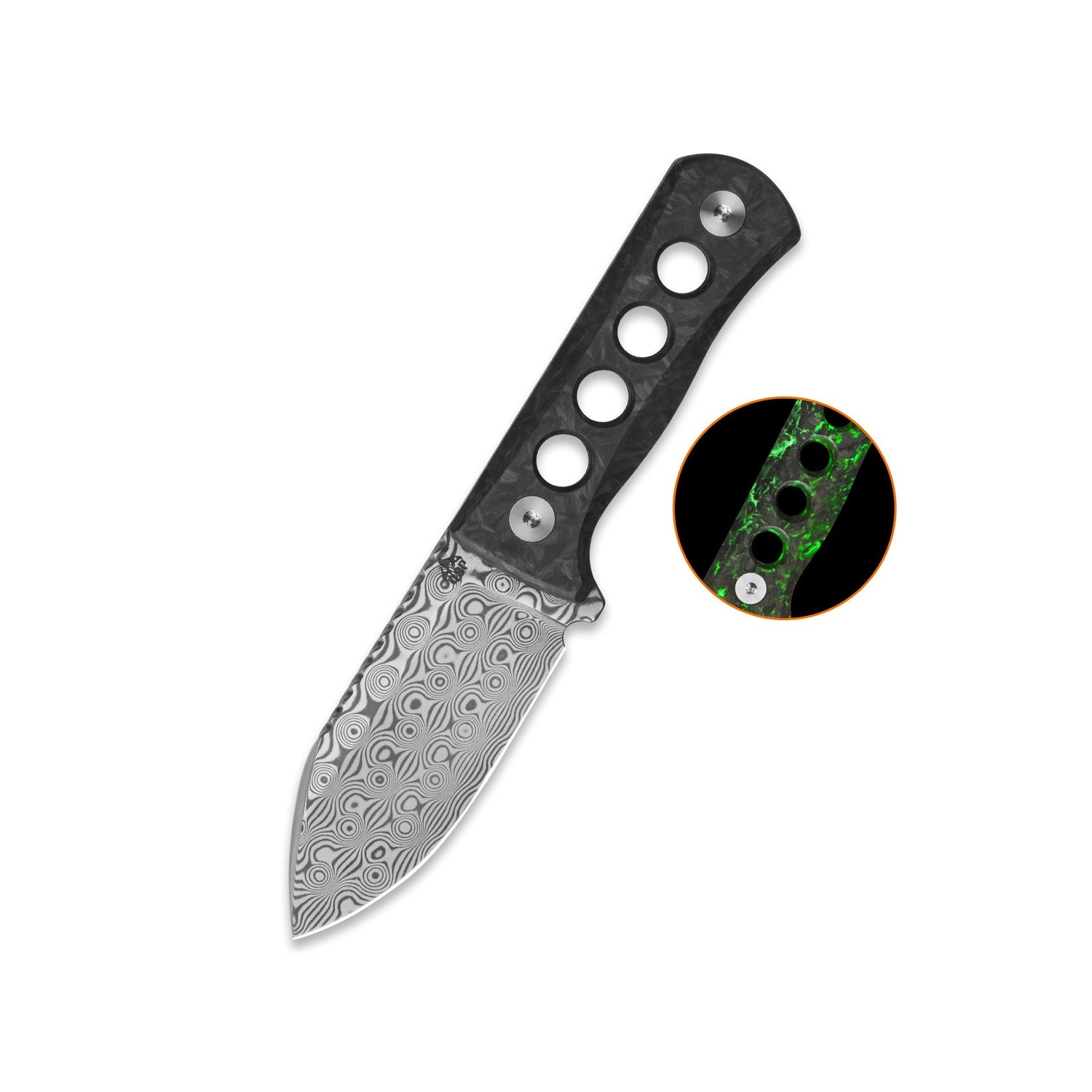 QSP Canary QS141-M Laminated Damascus Blade Glow-in-the-Dark Shredded CF Handle Neck Knife