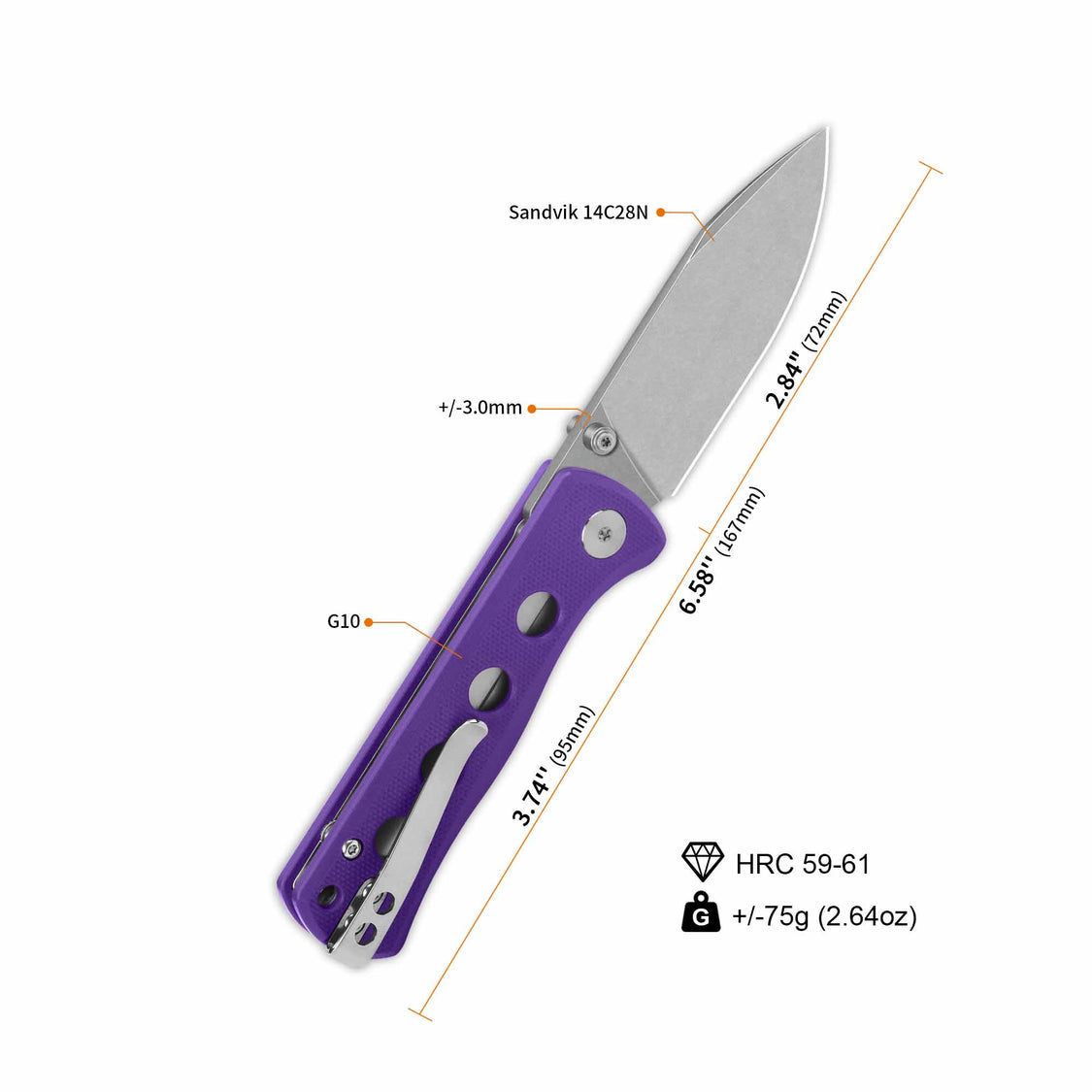 QSP Canary Folder QS150-D1 14C28N Blade Purple G10 Handle Liner Lock Pocket Knife