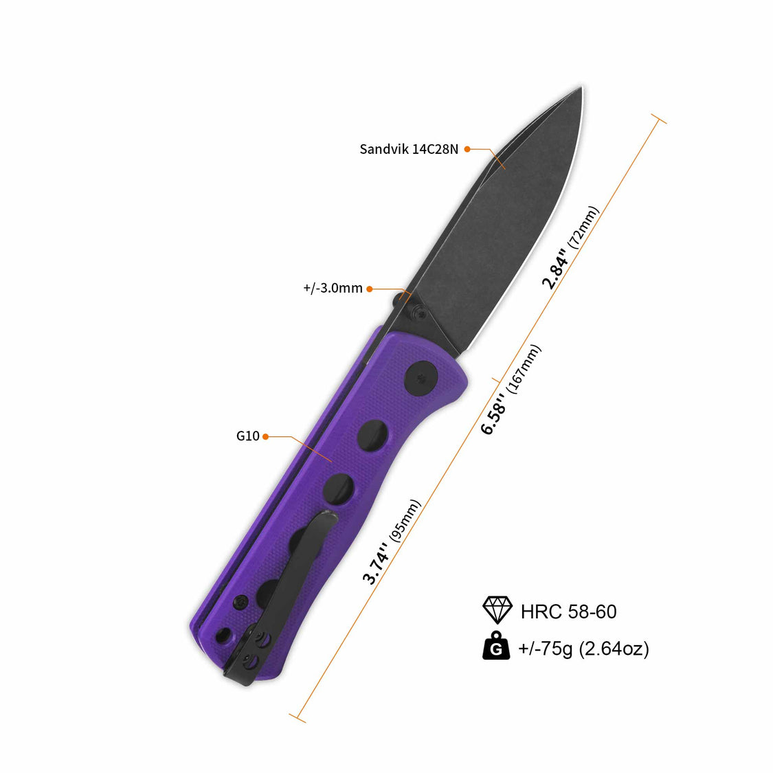 QSP Canary Folder QS150-D2 14C28N Blade Purple G10 Handle Liner Lock Pocket Knife