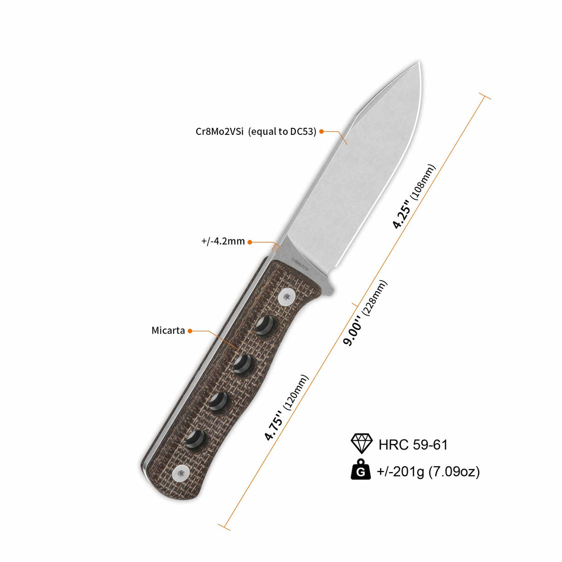 QSP QS155-A1 Canary Fixed Blade KnifeDark Brown Micarta Handle Cr8Mo2VSi(DC53) Blade