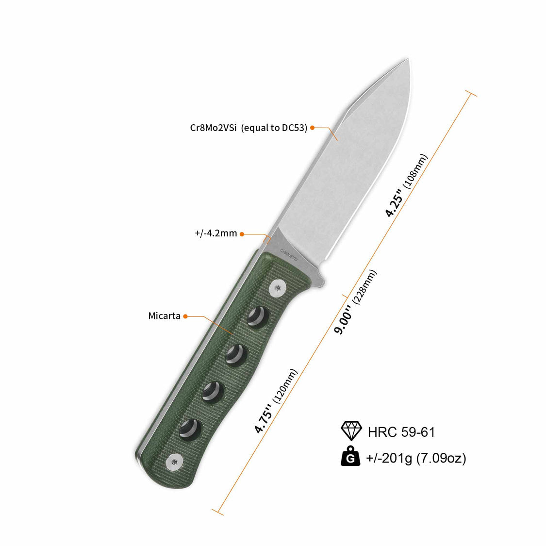 QSP QS155-C1 Canary Fixed Blade Knife Cr8Mo2VSi(DC53) Blade Green Micarta Handle