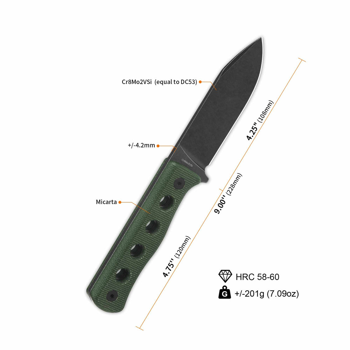 QSP QS155-C2 Canary Fixed Blade Knife Cr8Mo2VSi(DC53) Blade Green Micarta Handle
