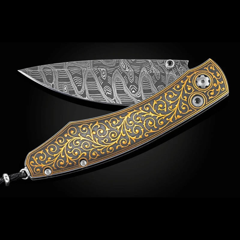 William Henry B12 GOLDEN VIN Damascus Blade 24K Gold Koftgari Frame Folding Knife Button Lock