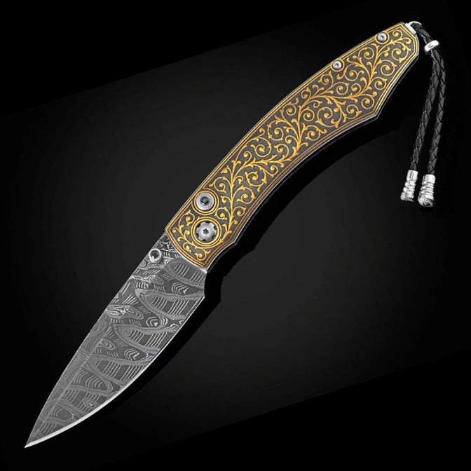 William Henry B12 GOLDEN VIN Damascus Blade 24K Gold Koftgari Frame Folding Knife Button Lock