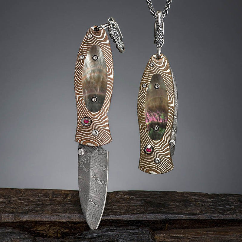 William Henry B02 DAYBREAK Pendant Knife Chad Nichols Damascus Mokume Handle