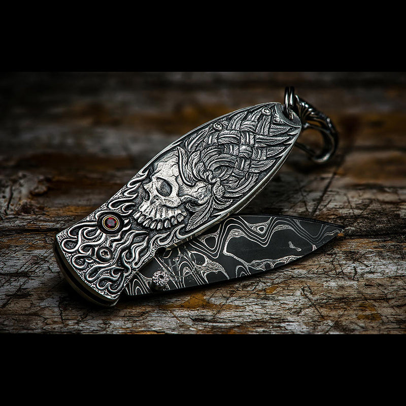 William Henry B02 YORICK Pendant Knife Chad Nichols Damascus Blade Silver Handle Keychain Knives