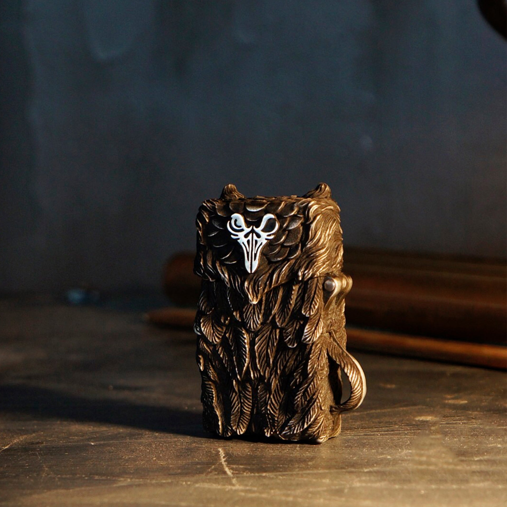 Raven Studio Indian Owl Skull Lighter Handmade Silver Suitable Kerosene lighterNarrow Machine Shell