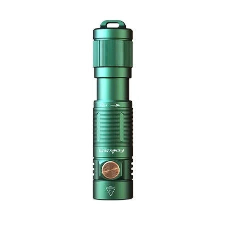 Fenix E05R Mini rechargeable keychain flashlight in green anodized aluminium standing upright, LED head and switch visible