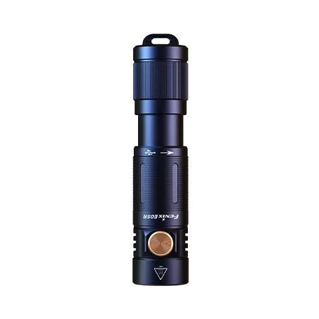Angled view of the Fenix E05R Mini keychain light showing the aluminium body, metal switch and key chain attachment point