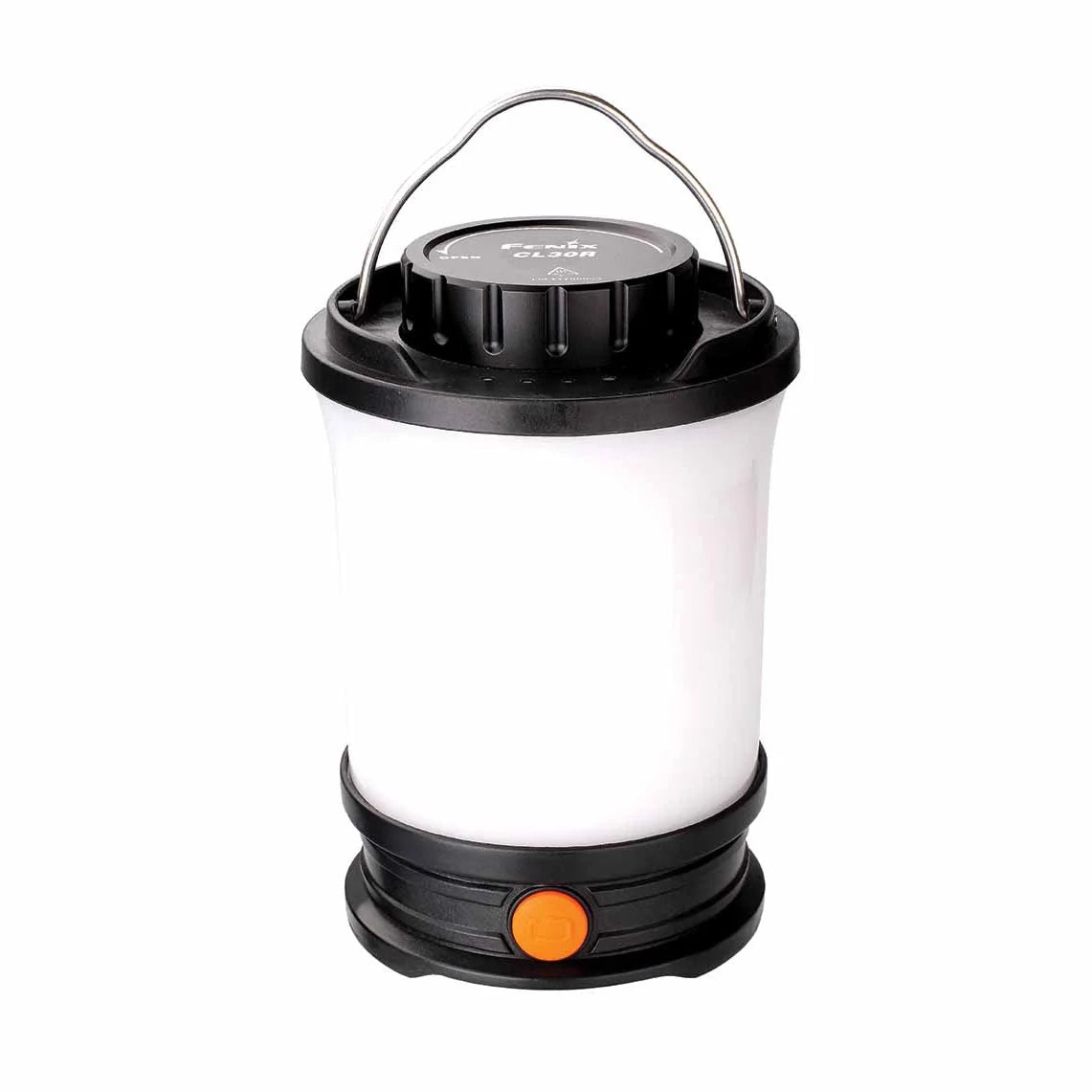 Studio shot of the Fenix CL30R rechargeable camping lantern showing its polycarbonate diffuser globe and single-button top switch