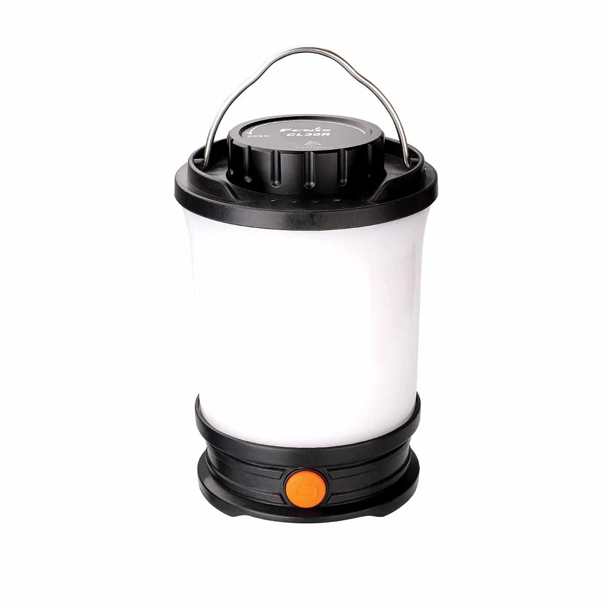 Studio shot of the Fenix CL30R rechargeable camping lantern showing its polycarbonate diffuser globe and single-button top switch