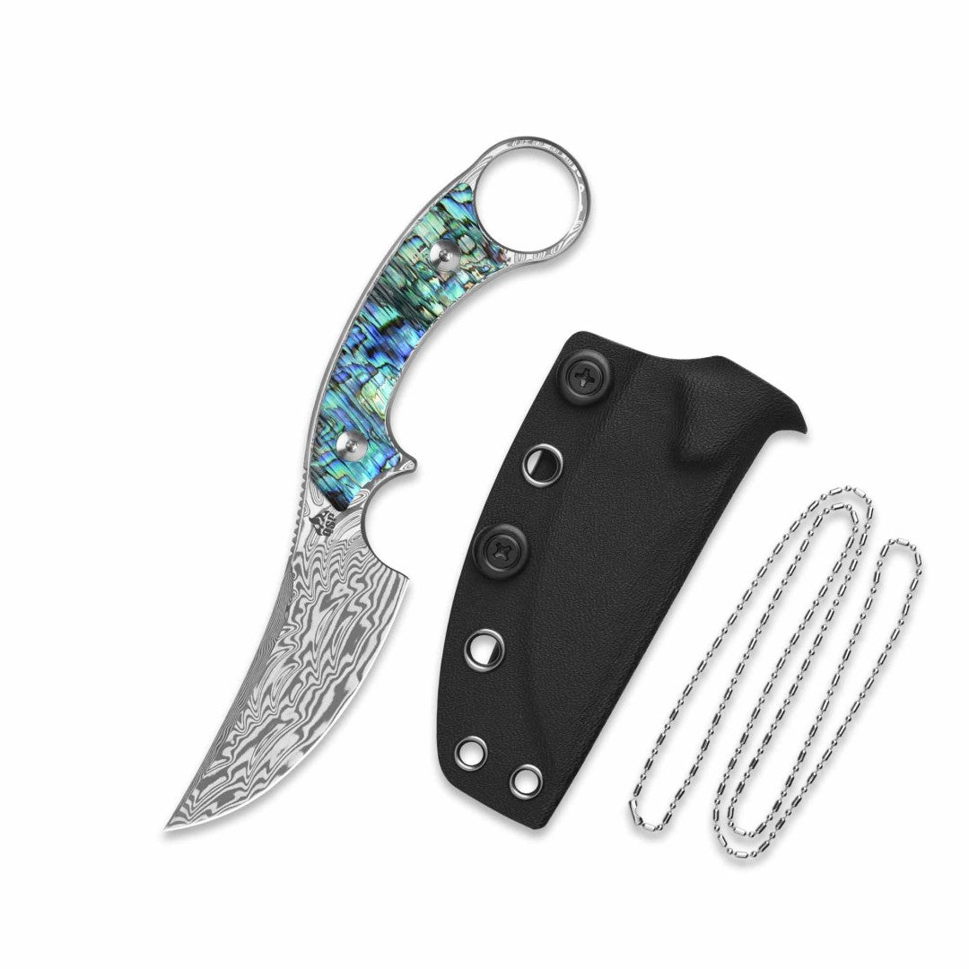 QSP Baby Viper QS178-D Laminated Damascus Blade Abalone Handle Fixed Blade Knife
