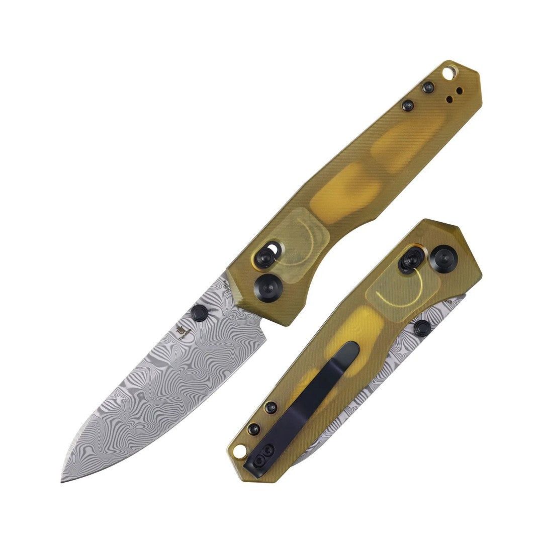 Navaja plegable Tenable Beaver T1105V6 con hoja de Damasco "Water Ripple", mango de PEI/Ultem ámbar y cierre de barra transversal