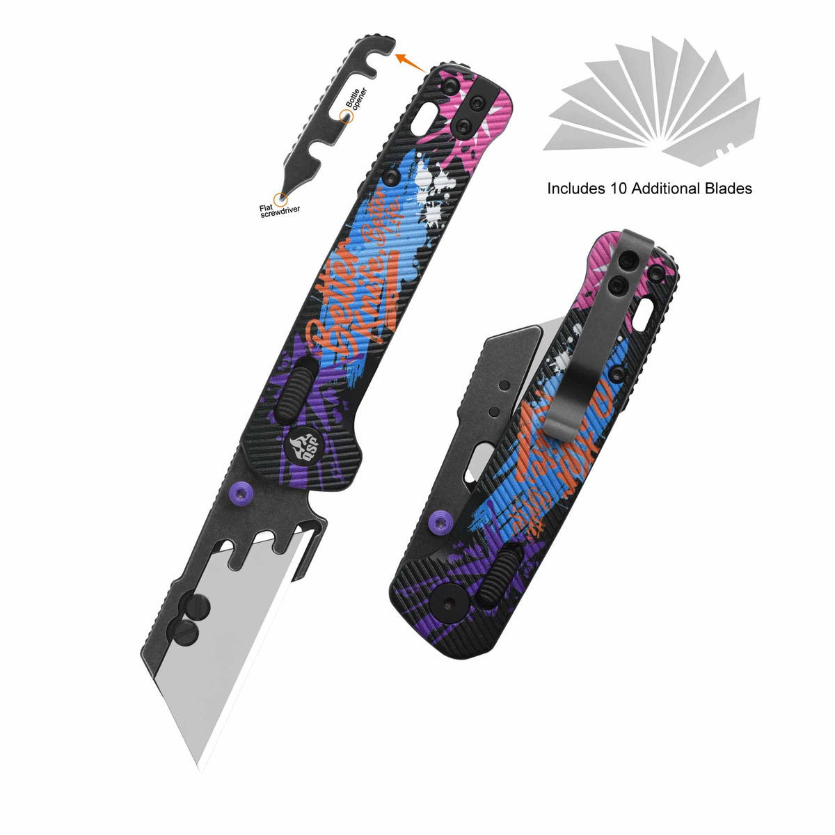 QSP Penguin Workmate QS130UT-GRA Stainless Steel Blade Black FRN Handle Glyde Lock Utility Knife-Graffiti Edition
