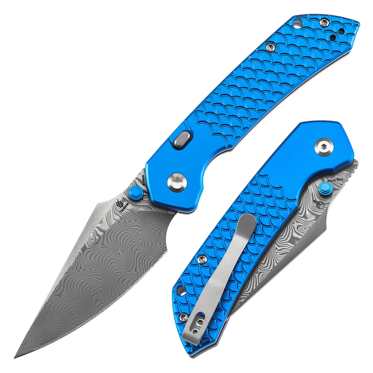 Tenable Fenrir B1034H9 Damascus Blade Blue Aluminum Handle Top Liner Lock Folding Knife