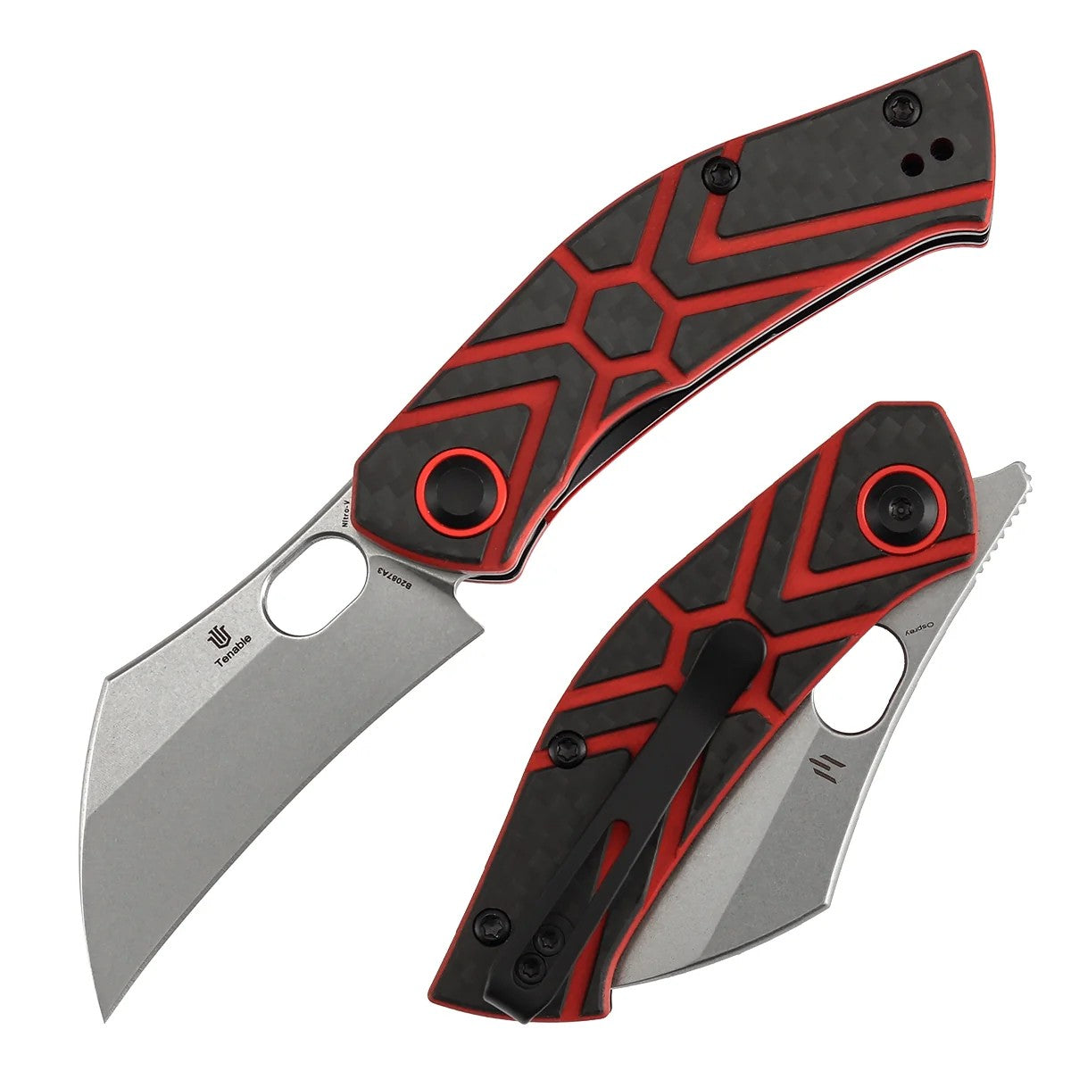 Tenable Osprey B2087A3 Stonewashed Nitro-V Blade Twill Carbon Fiber & Red G10 Handle Liner Lock Folding Knife