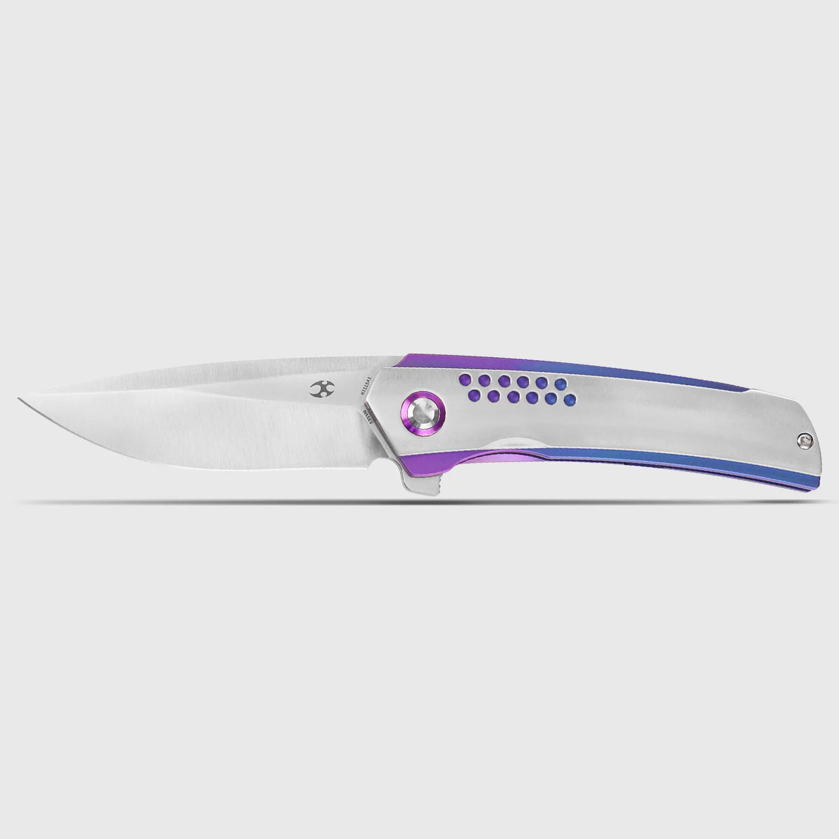 Kansept Tracer K1115A1 CPM-S35VN frame-lock folder with blue-purple anodized titanium, open flat lay on a white background