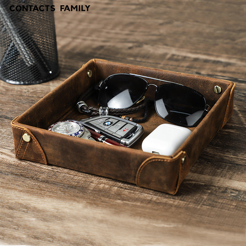 Contacts Family Retro Crazy Horse Leather EDC Organizer Tray - Handcrafted Desk Accessory Organize