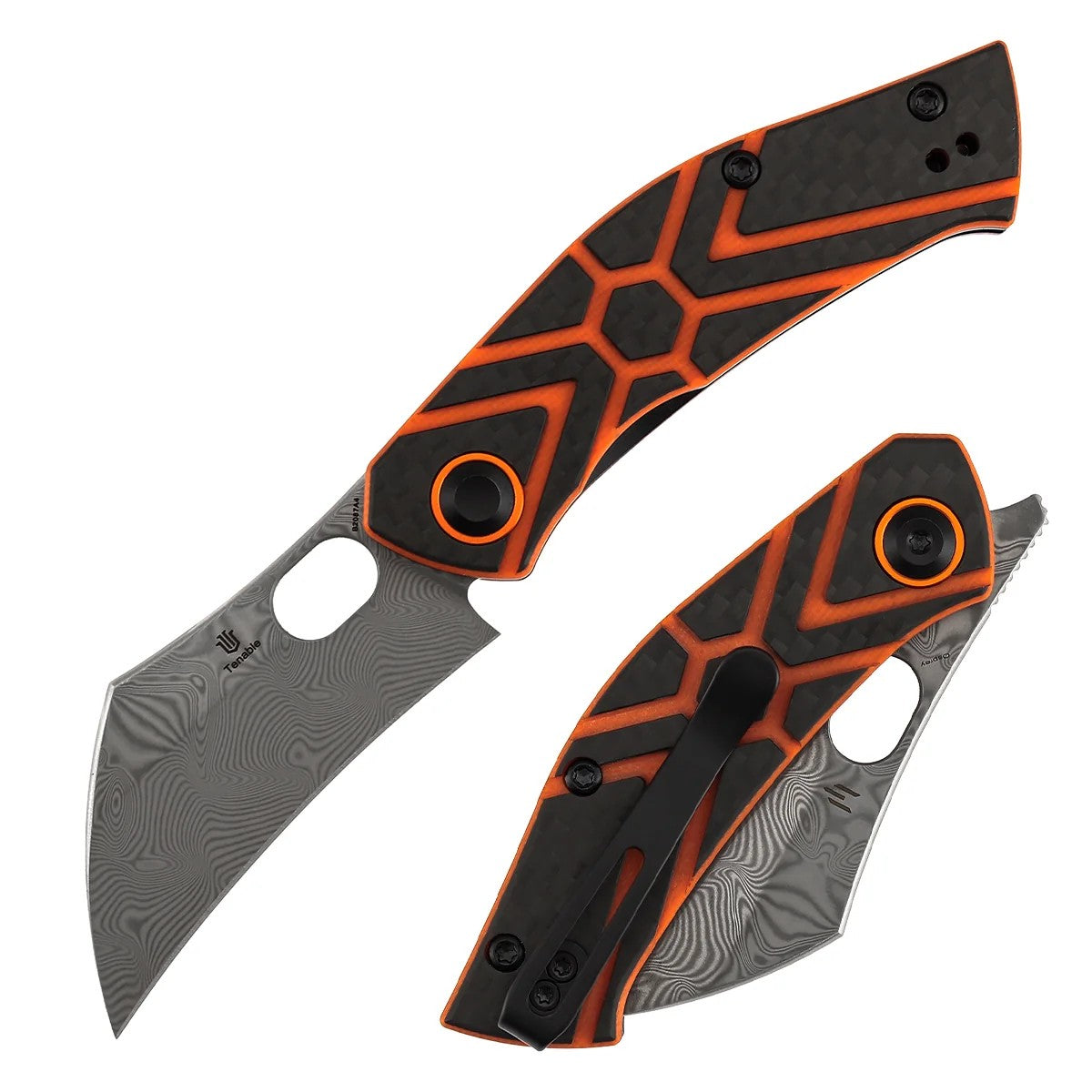 Tenable Osprey B2087A4 Damascus Blade Twill Carbon Fiber & Orange G10 Handle Liner Lock Folding Knife