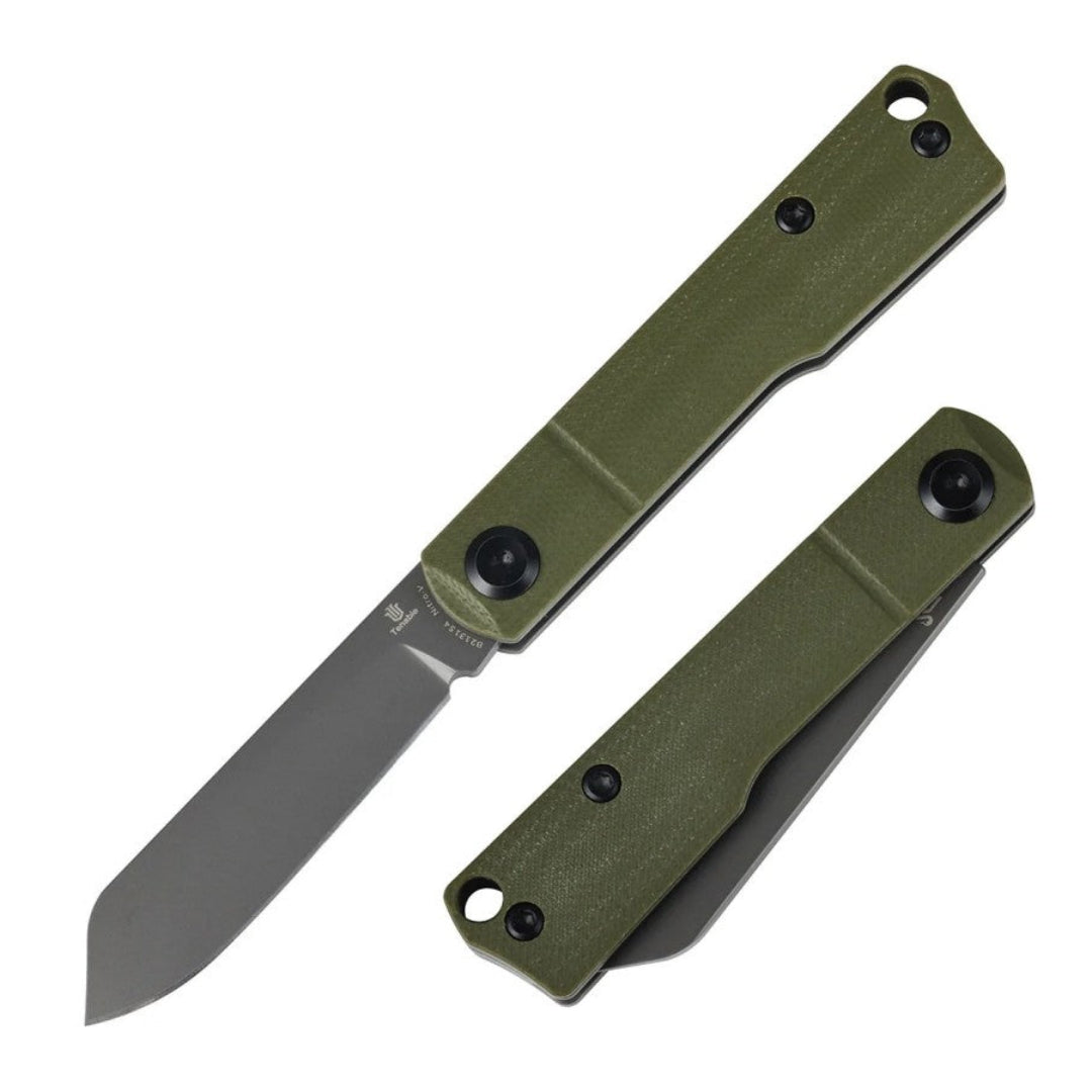 Open and closed pair of the Tenable Riflestock B2131S4 folding knife showing olive green G10 scales and blade