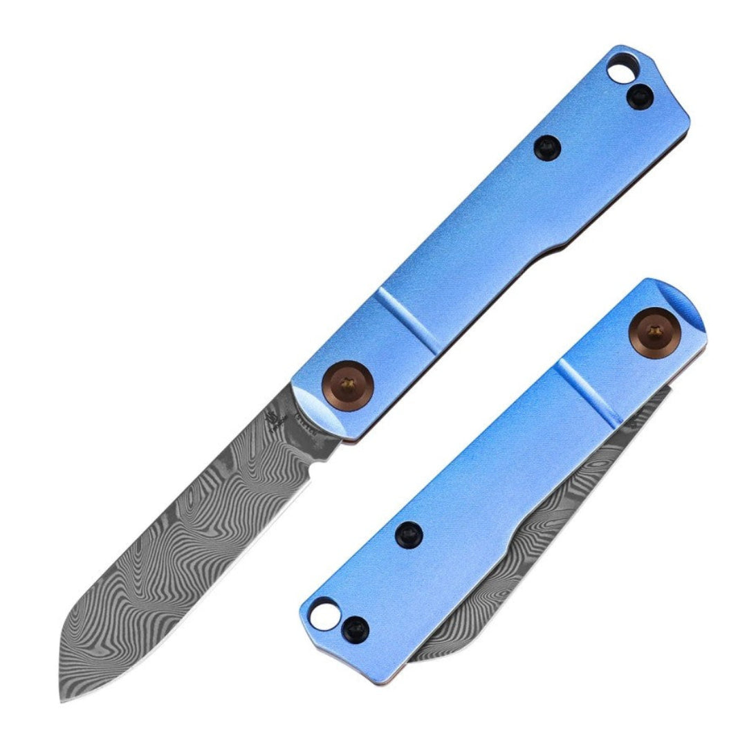 Tenable Riflestock B2131S1 Water Ripple Damascus Blade Light Blue Anodized Aluminum Handle Lock Back Folding knife