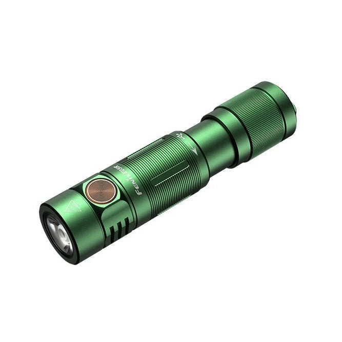 Angled view of the Fenix E05R Mini keychain flashlight in green anodized aluminium with the metal switch in focus