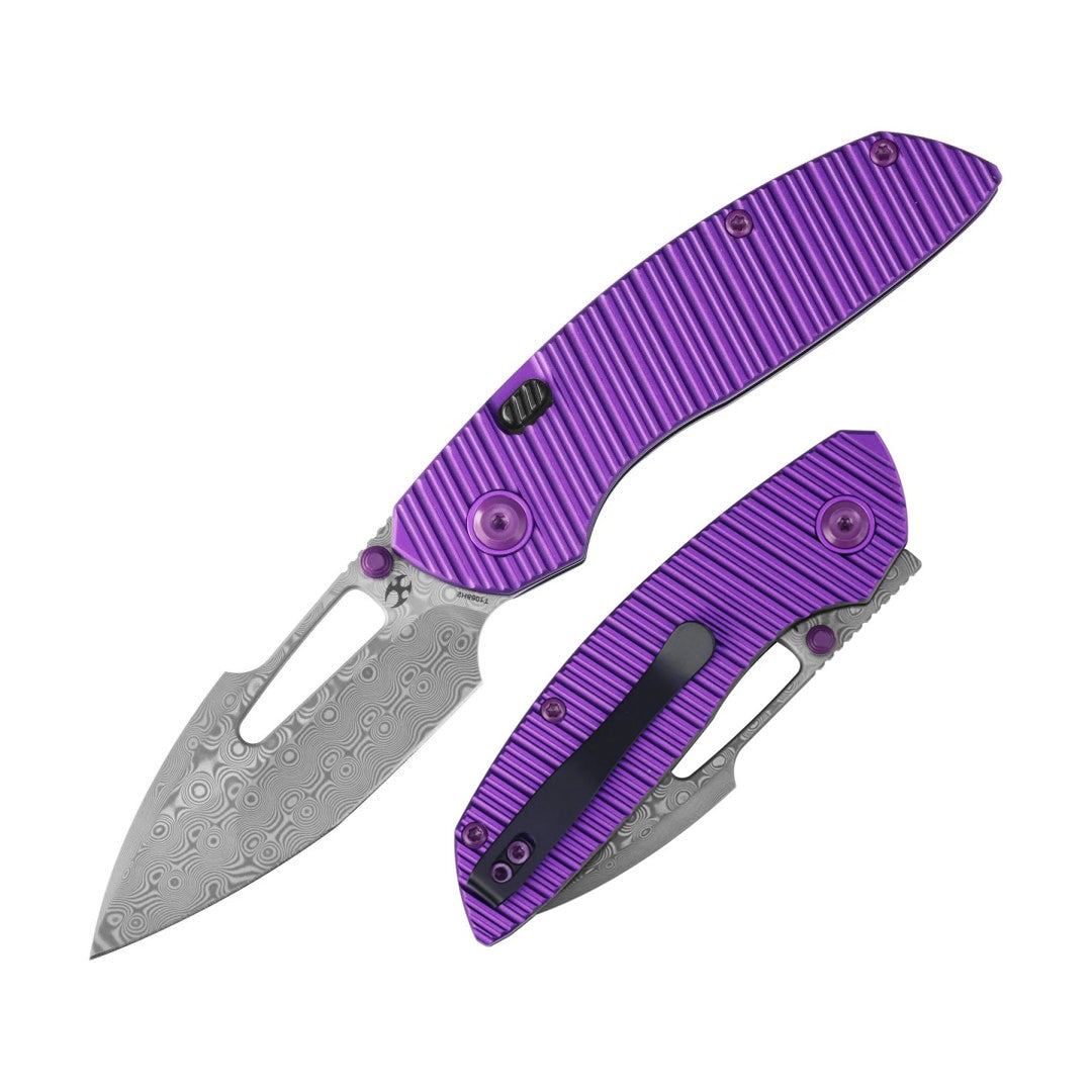 Kansept Link T1068H2 Damascus Blade Purple Aluminum Handle Top Liner Lock Folding Knife