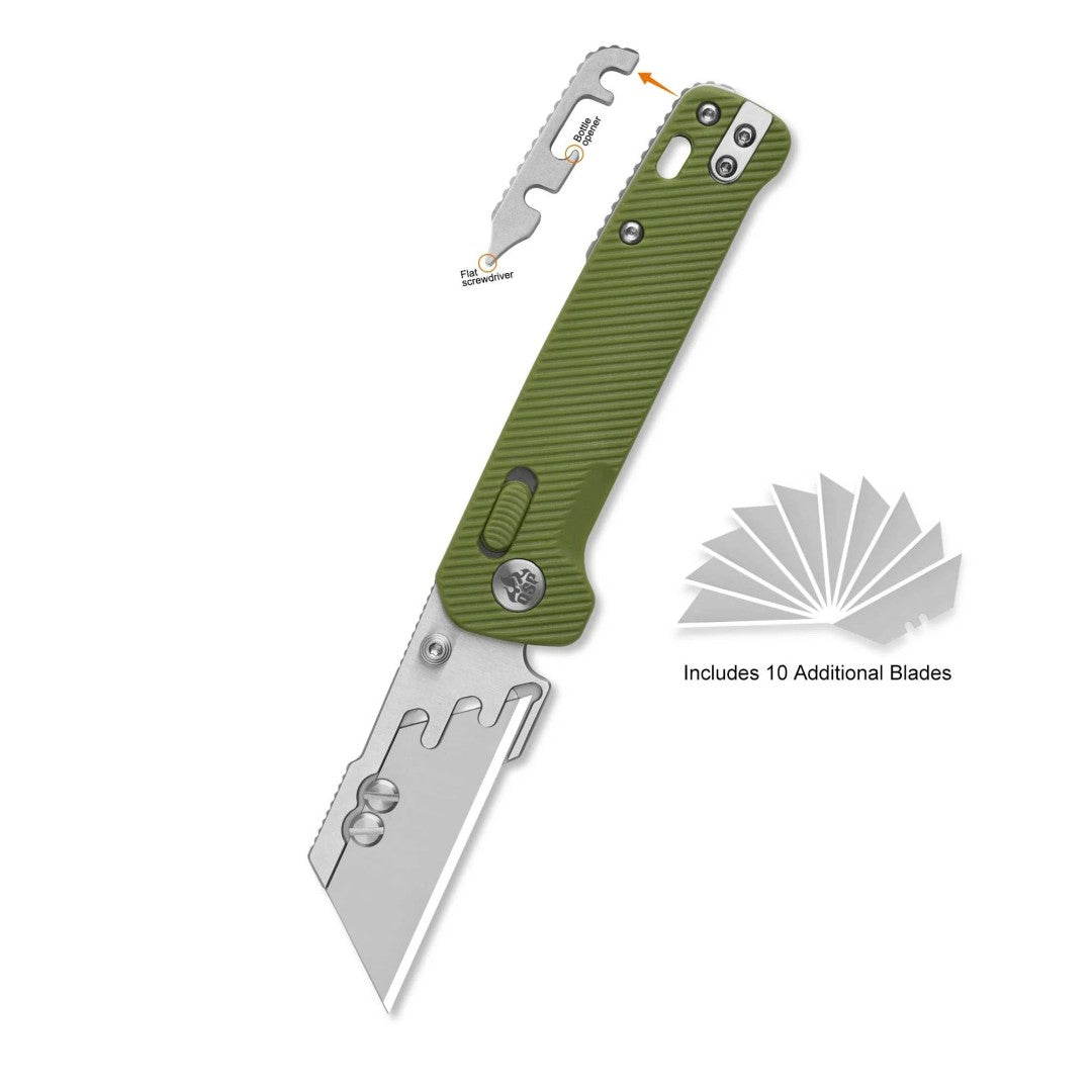 Navaja de trabajo QSP Penguin Workmate QS130UT-B con hoja de acero inoxidable, mango de FRN verde OD y bloqueo Glyde Lock
