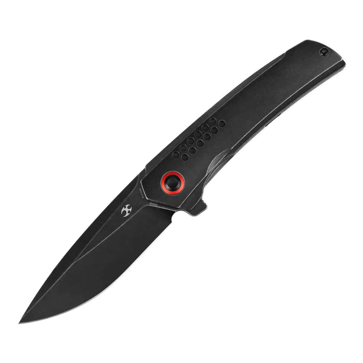 Kansept Tracer K1115A2 CPM-S35VN frame-lock folder with blackwash titanium, closed three-quarter angle on a white background
