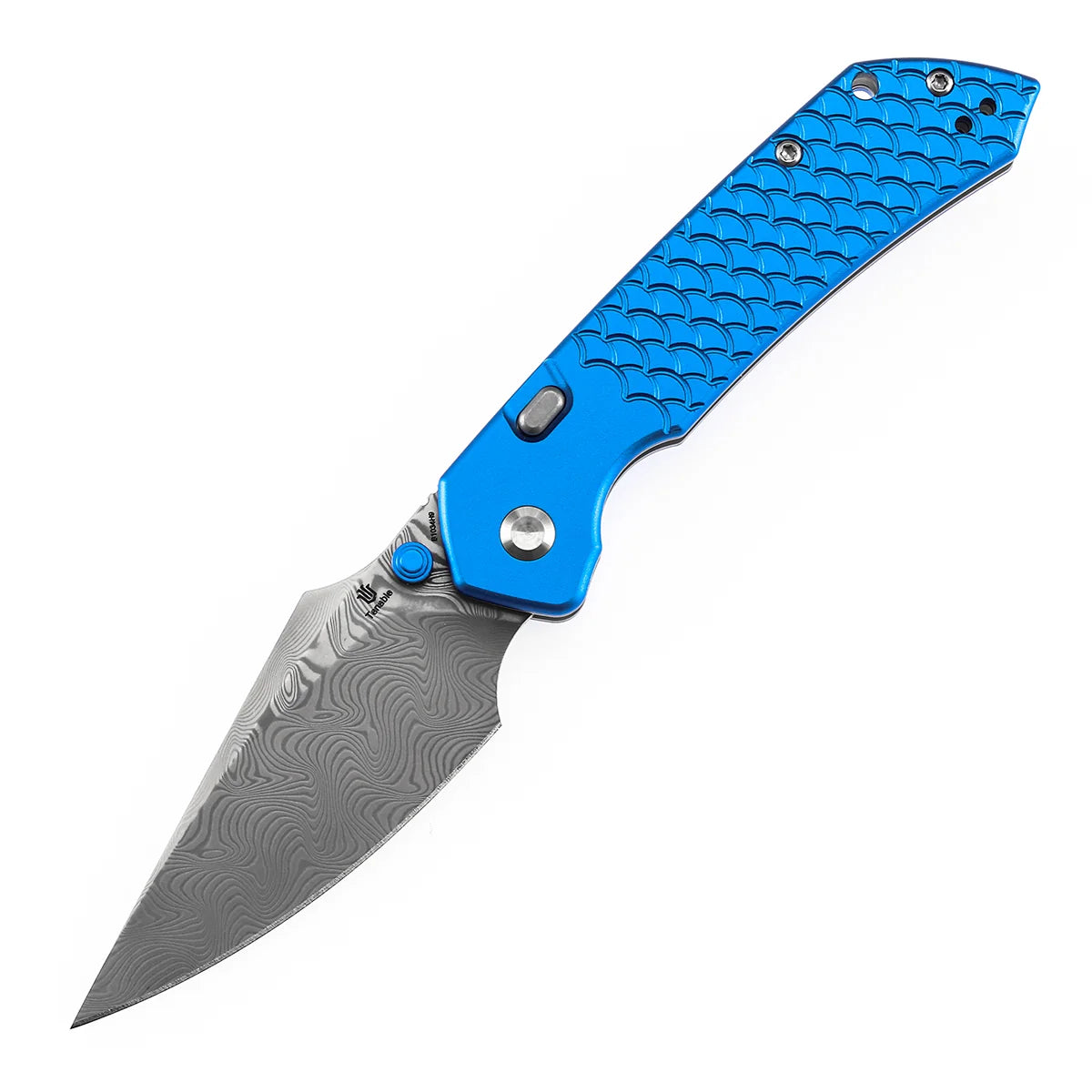 Tenable Fenrir B1034H9 Damascus Blade Blue Aluminum Handle Top Liner Lock Folding Knife