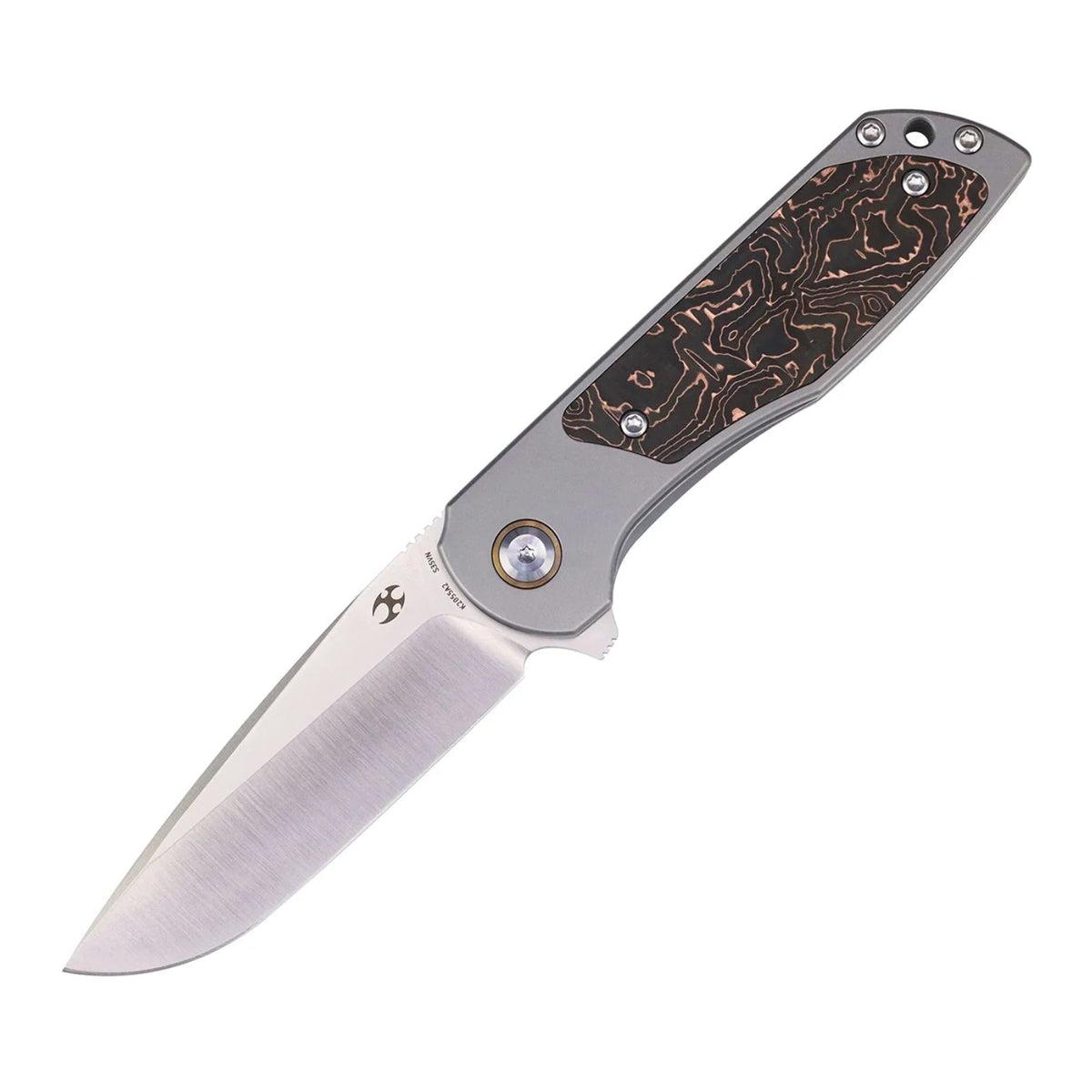 Kansept Ptarmigan K2055A2 CPM-S35VN frame-lock folder with copper carbon fiber, open angled left showing the copper carbon fiber inlay
