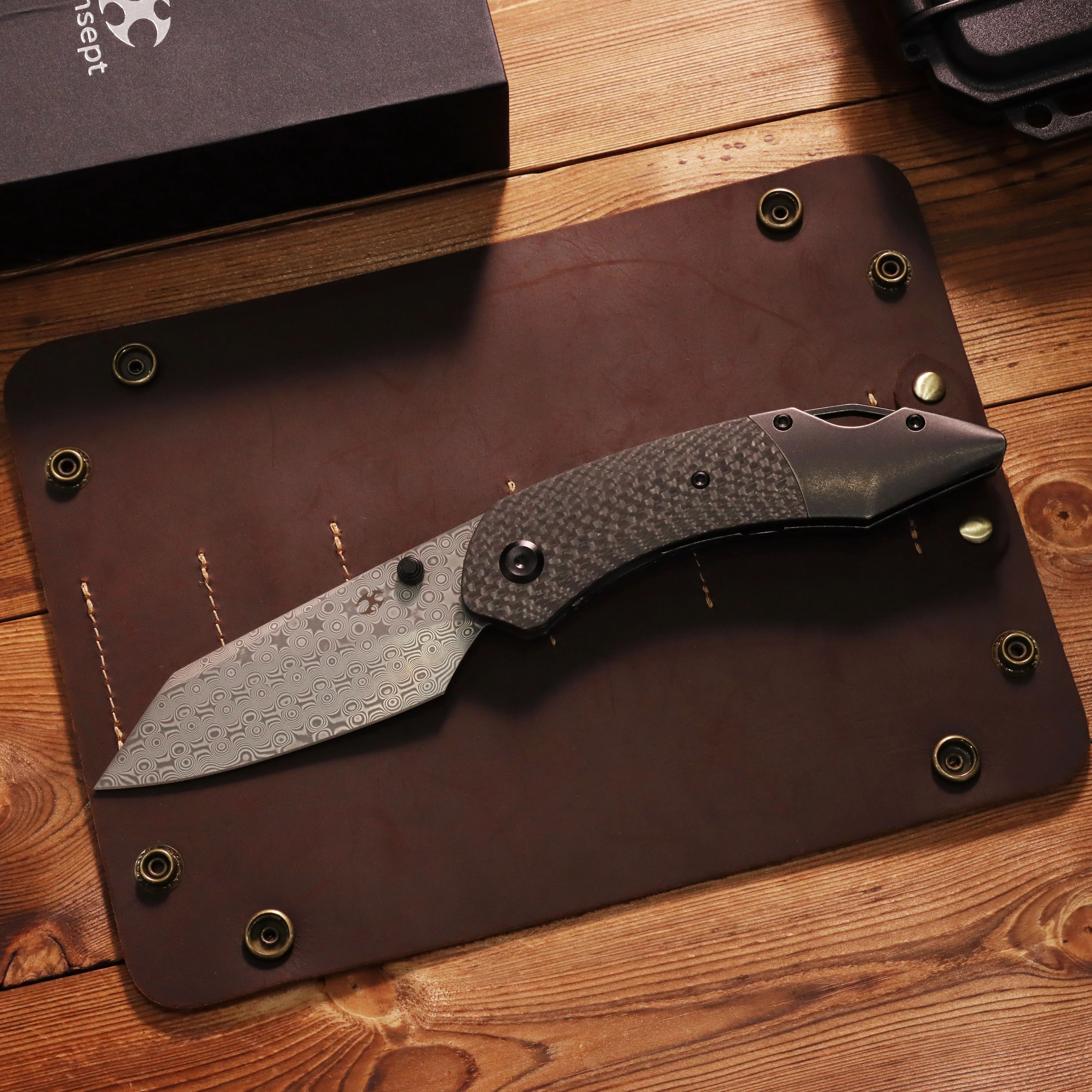 Kansept K9 K1151A4 Damascus Blade Carbon Fiber/G10 & Titanium Handle Bolster Liner Lock Folding Knife