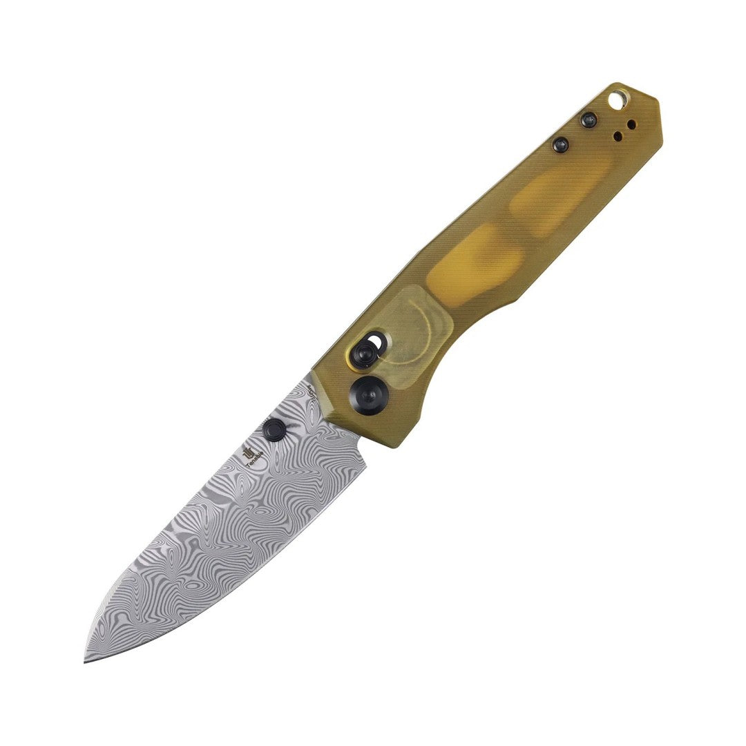 Navaja plegable Tenable Beaver T1105V6 con hoja de Damasco "Water Ripple", mango de PEI/Ultem ámbar y cierre de barra transversal