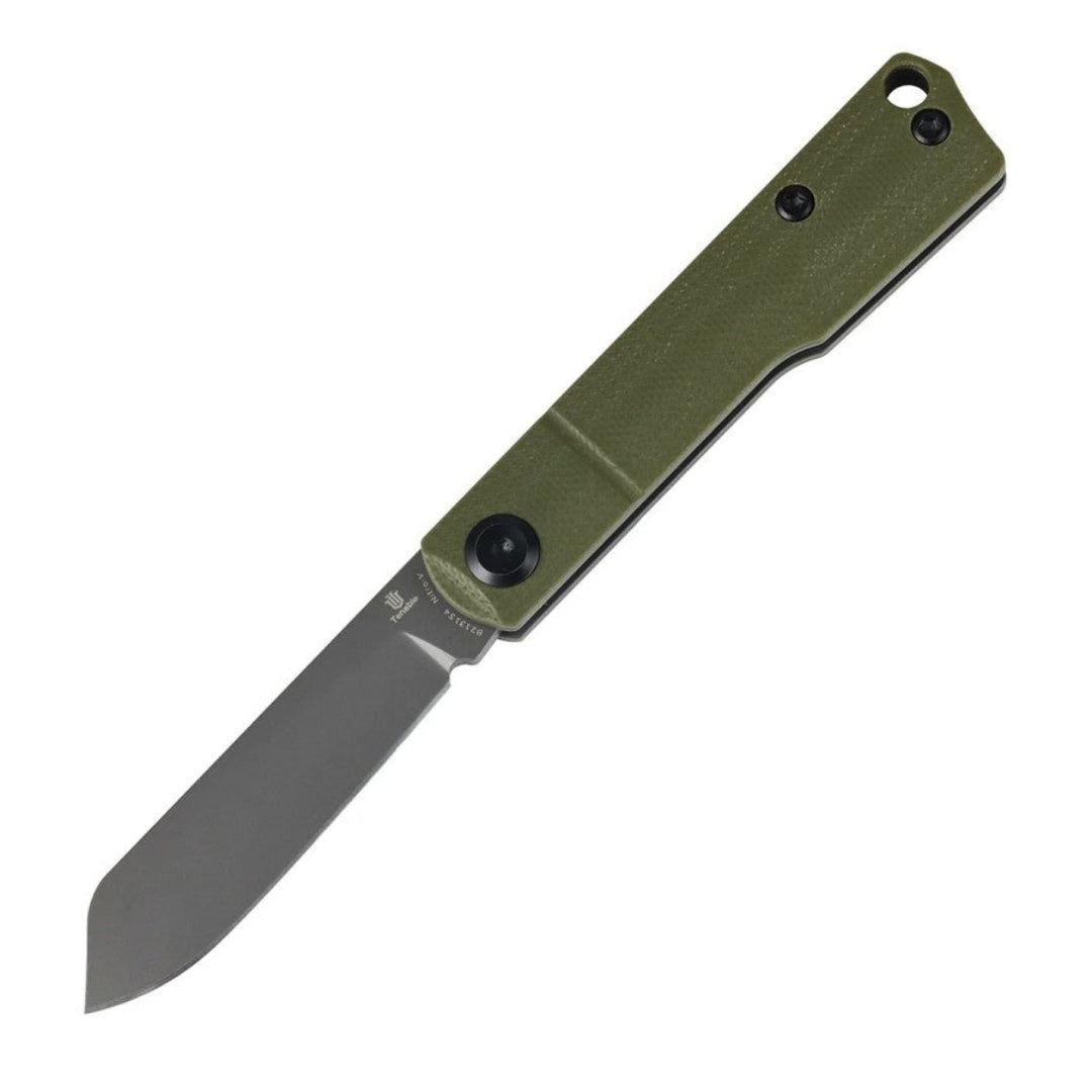 Three-quarter open view of the Tenable Riflestock B2131S4 folder with gray TiCn coated Nitro-V blade and olive green G10 handle