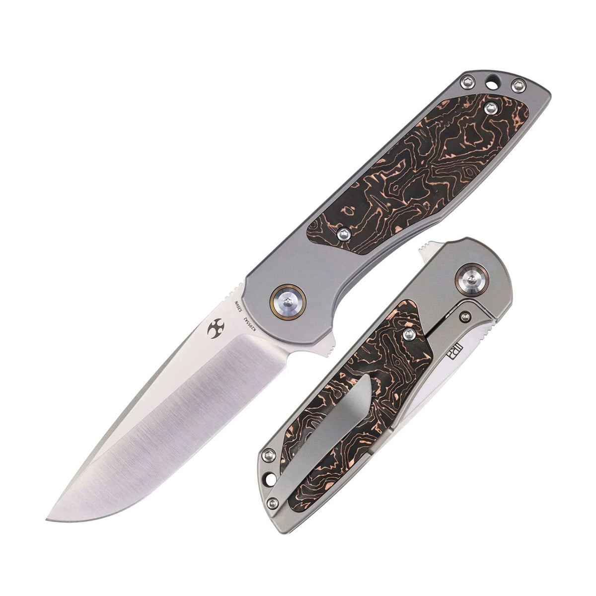 Kansept Ptarmigan K2055A2 CPM-S35VN frame-lock folder with copper carbon fiber, open angled right next to the closed knife