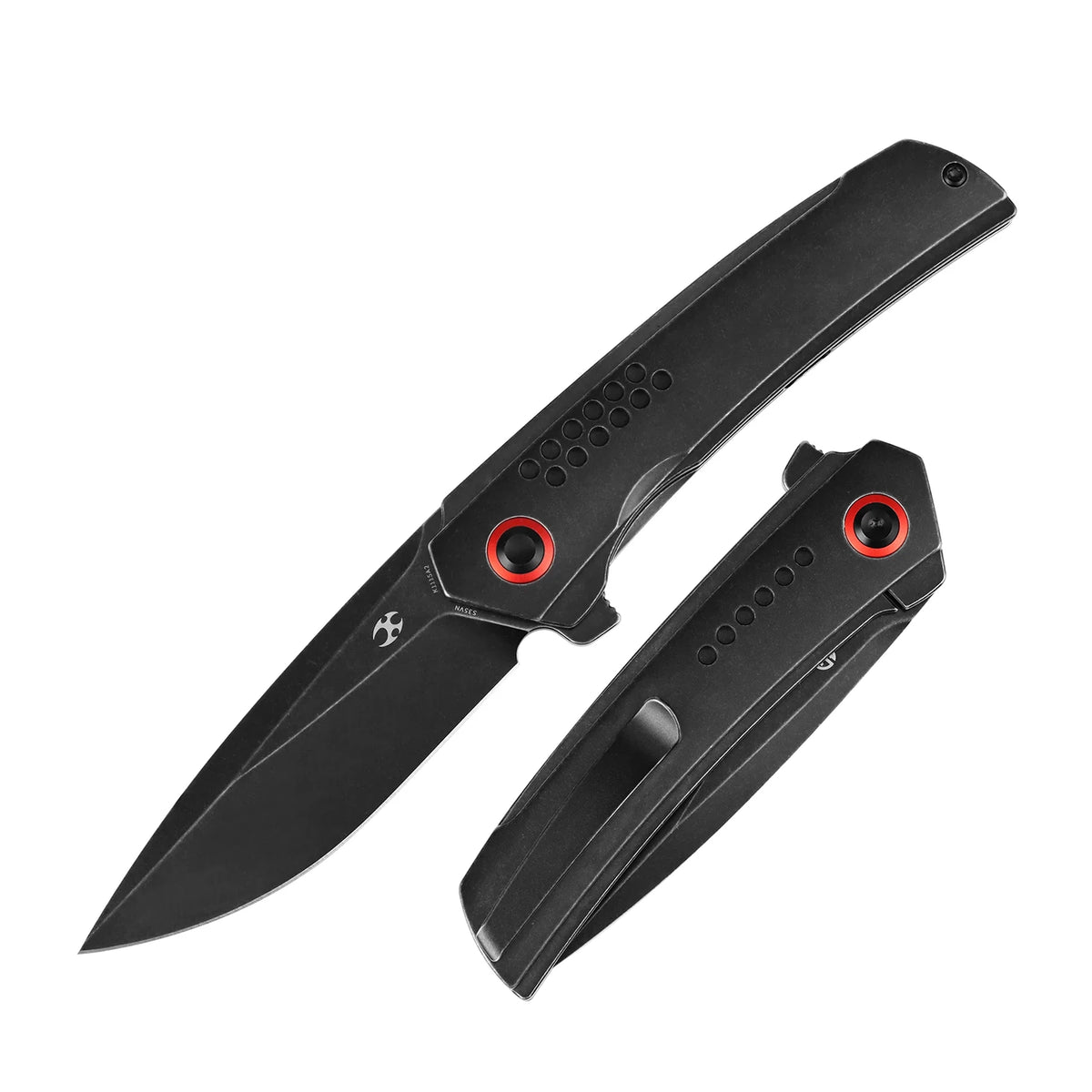 Kansept Tracer K1115A2 CPM-S35VN frame-lock folder with blackwash titanium, closed angled view showing the handle scale