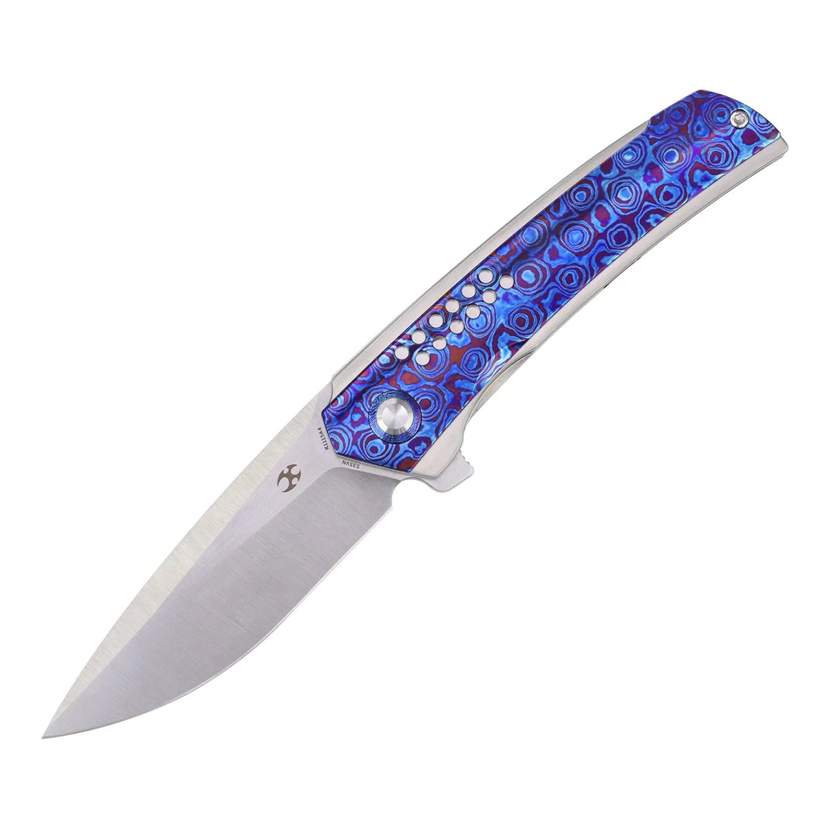 Kansept Tracer K1115A4 CPM-S35VN frame-lock folder with titanium and Timascus, closed three-quarter angle on a white background