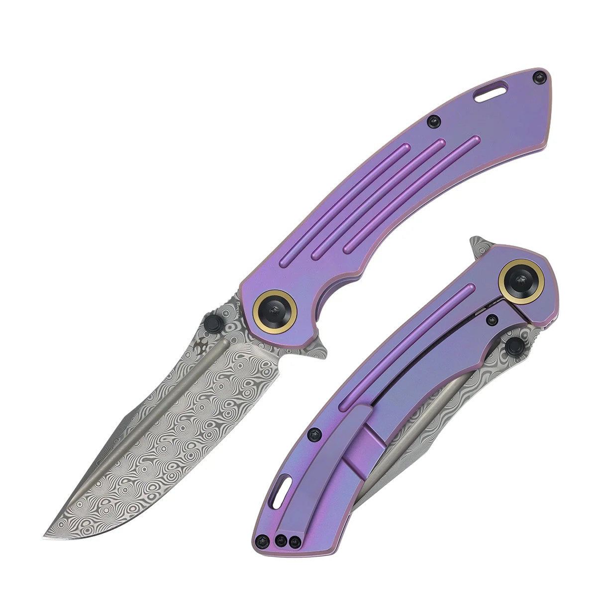 Kansept Pretatout K1032D5 Damascus Blade Purple Titanium Handle Frame Lock Folding Knife