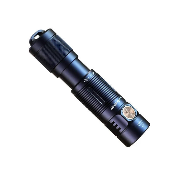 Angled view of the Fenix E05R Mini keychain flashlight in blue anodized aluminium showing the compact 15 mm body diameter